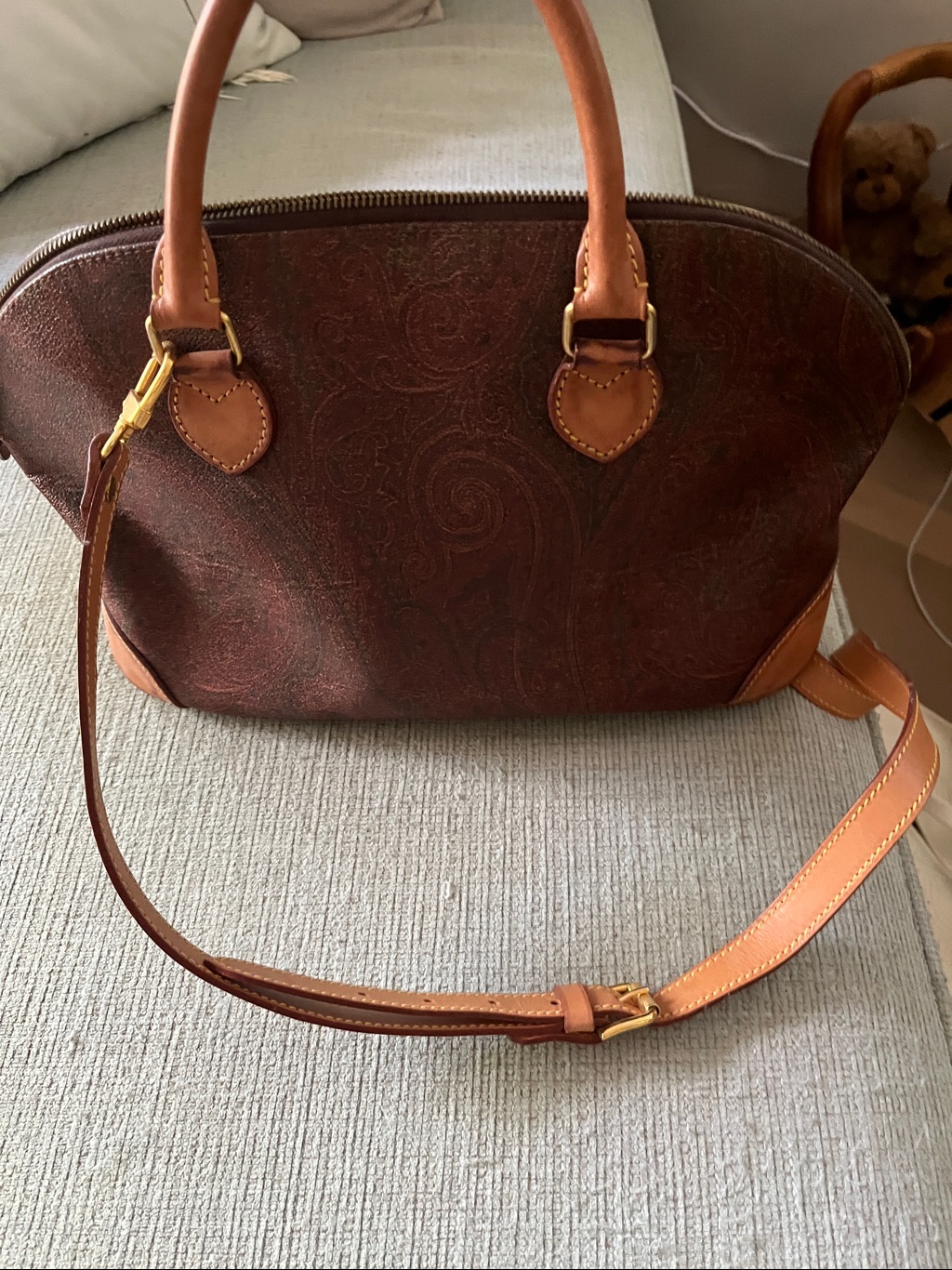 Etro Tan Leather Label With Yellow Stitching